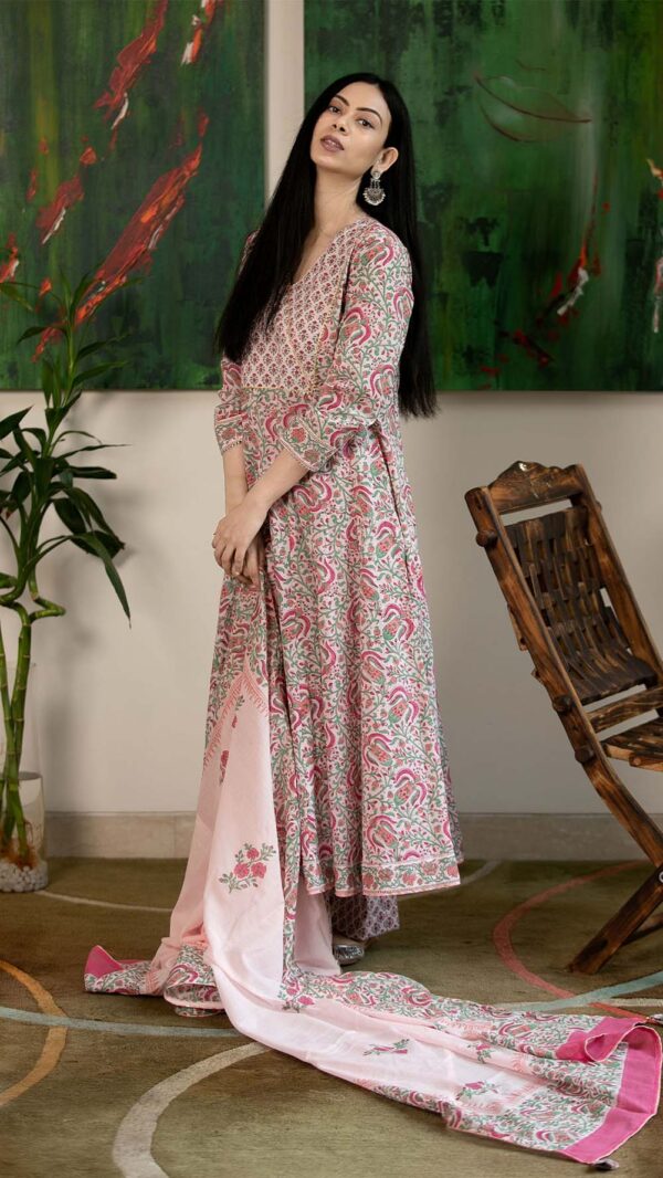 Masakali Pink Hand Block Printed Anarkali with Gotta Lace Work