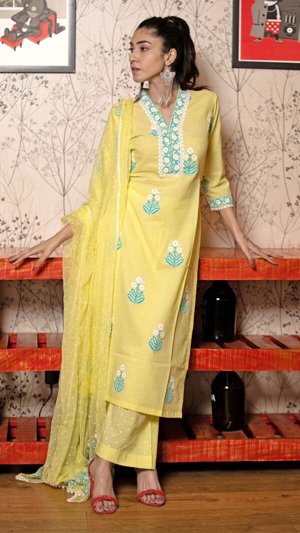 Ruh Lemon Hand Block Printed Straight Kurta with Lace Finish