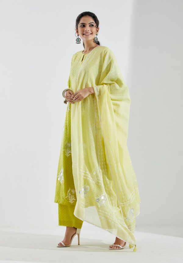 Nargis Lime Green Ombre 3Pcs Gathered Yoke Kurta Set