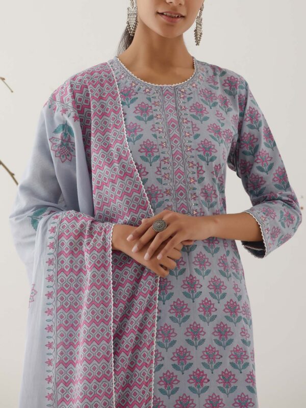 Gulal Light Powder Blue Handblock Printed Salwar Kurta with Lace Finish