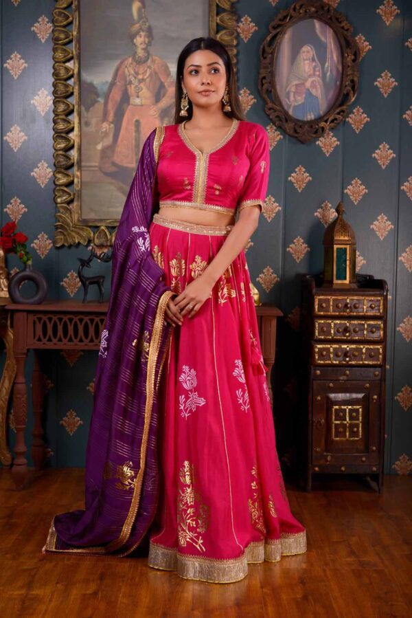 Jashan Foil Printed Cotton Silk Rani Lehenga Set