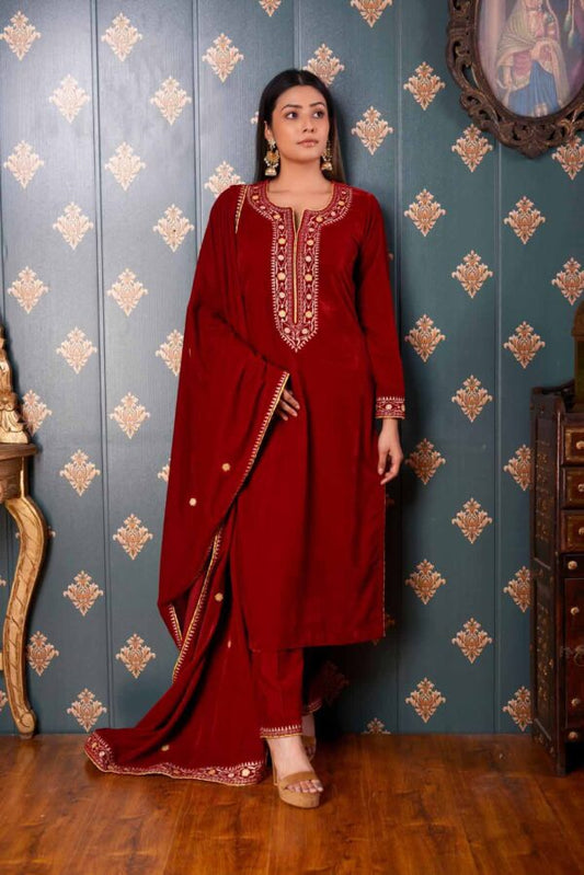 Jashan Ari Embroidery Maroon Velvet Kurta Set