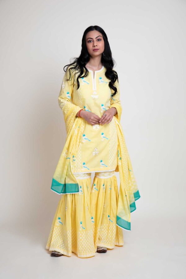 Bird Foil Printed Kurta With Lace Finish. Abstract Print Garara and Mulmul Dupatta With Lace Finish