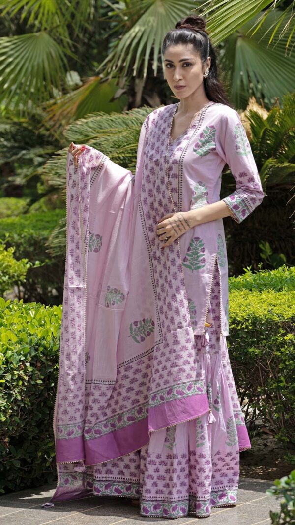 Bahar Lilac Hand Block Printed Short Kurta Garara with Gotta Lace Work