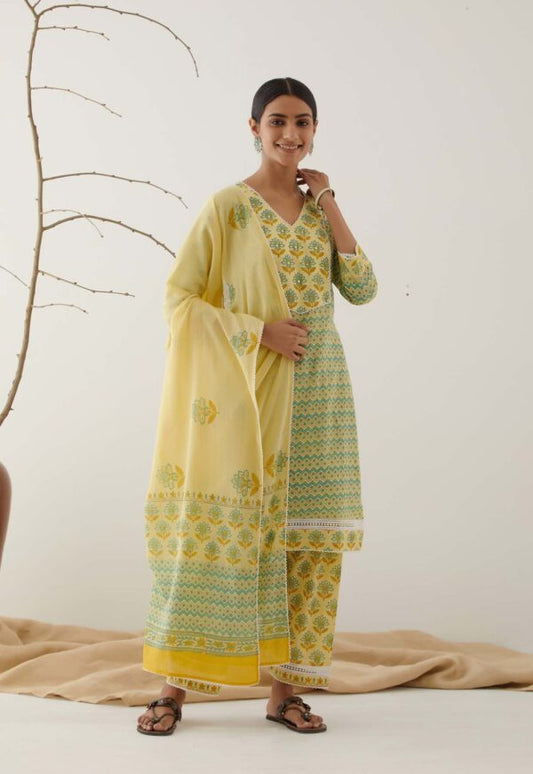 Gulal Light Yellow Handblock Printed Salwar Kurta with Lace Finish