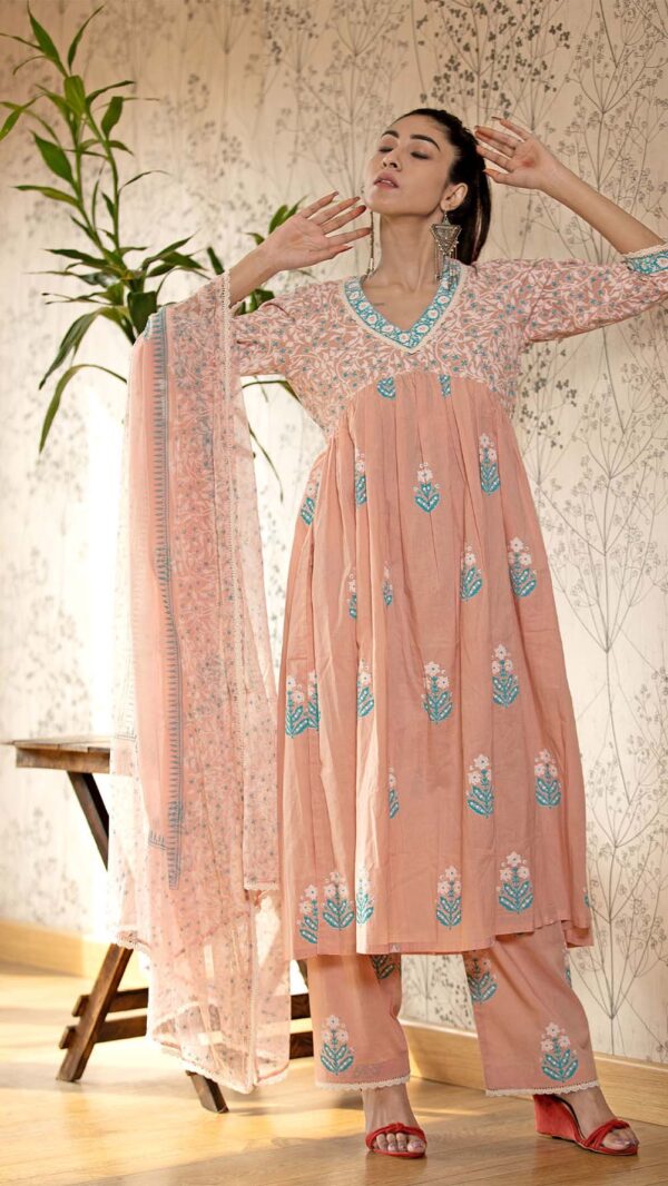 Ruh Old Rose Pink Hand Block Printed Gathered Kurta with Lace Finish