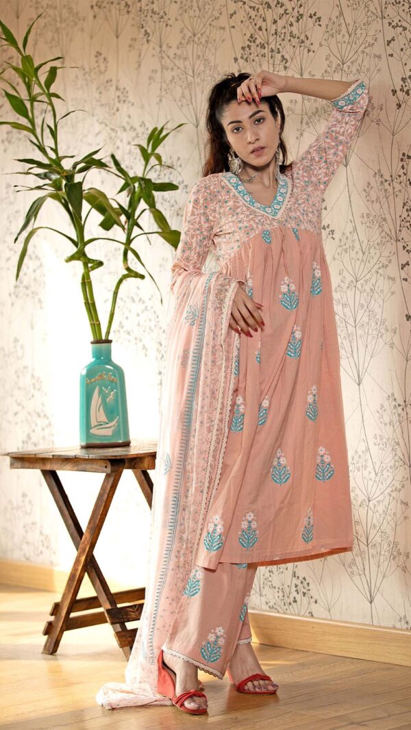 Ruh Old Rose Pink Hand Block Printed Gathered Kurta with Lace Finish