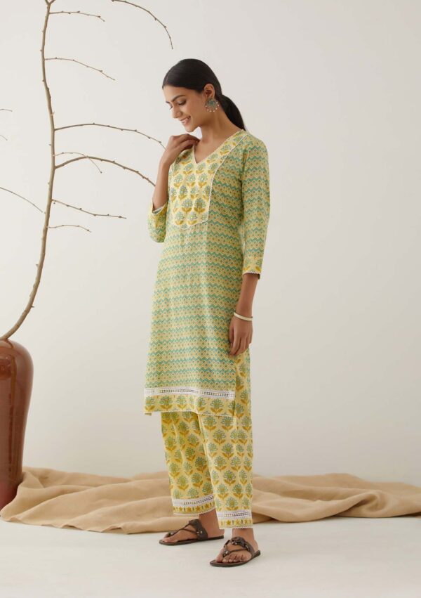 Gulal Light Yellow Handblock Printed Salwar Kurta with Lace Finish