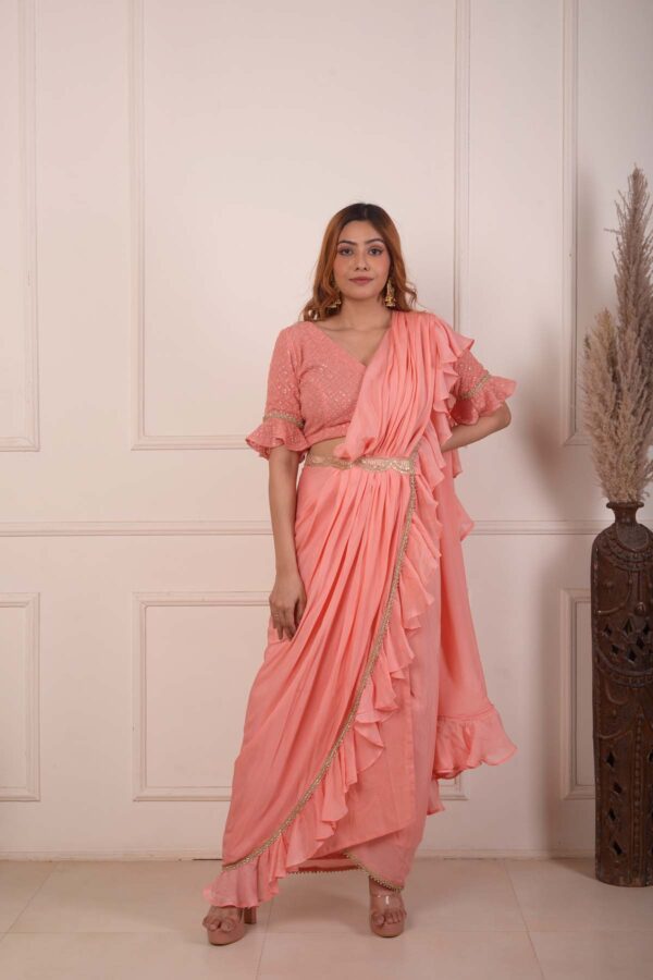 RIMJHIM PEACH LUCKNOWBI WORK BLOUSE AND CHIFFON READY TO WEARE SAREE SET OF 2