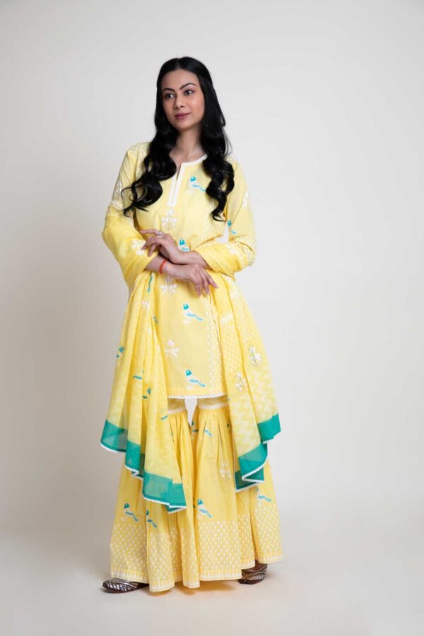 Bird Foil Printed Kurta With Lace Finish. Abstract Print Garara and Mulmul Dupatta With Lace Finish