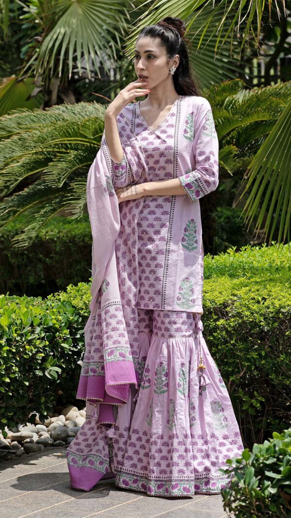 Bahar Lilac Hand Block Printed Short Kurta Garara with Gotta Lace Work