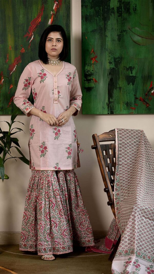 Masakali Pink Hand Block Printed Garara with Gotta Lace Work