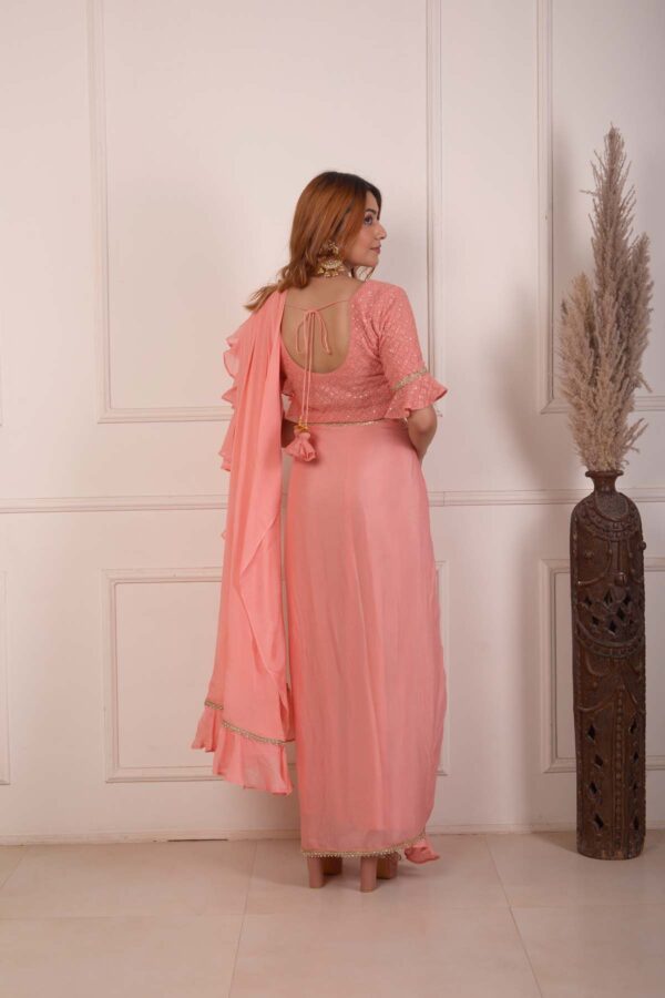 RIMJHIM PEACH LUCKNOWBI WORK BLOUSE AND CHIFFON READY TO WEARE SAREE SET OF 2