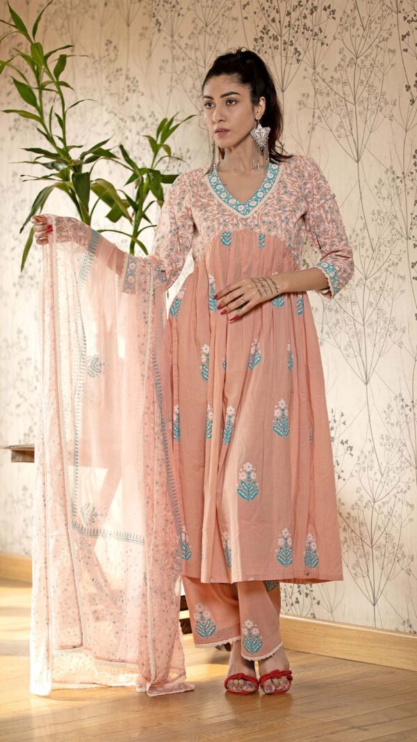 Ruh Old Rose Pink Hand Block Printed Gathered Kurta with Lace Finish