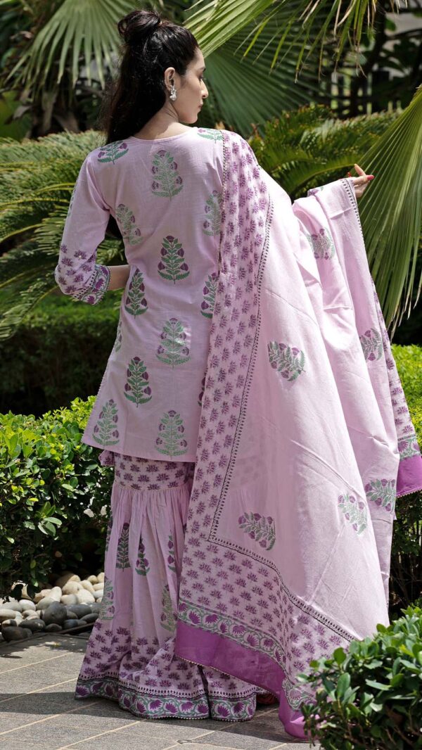 Bahar Lilac Hand Block Printed Short Kurta Garara with Gotta Lace Work