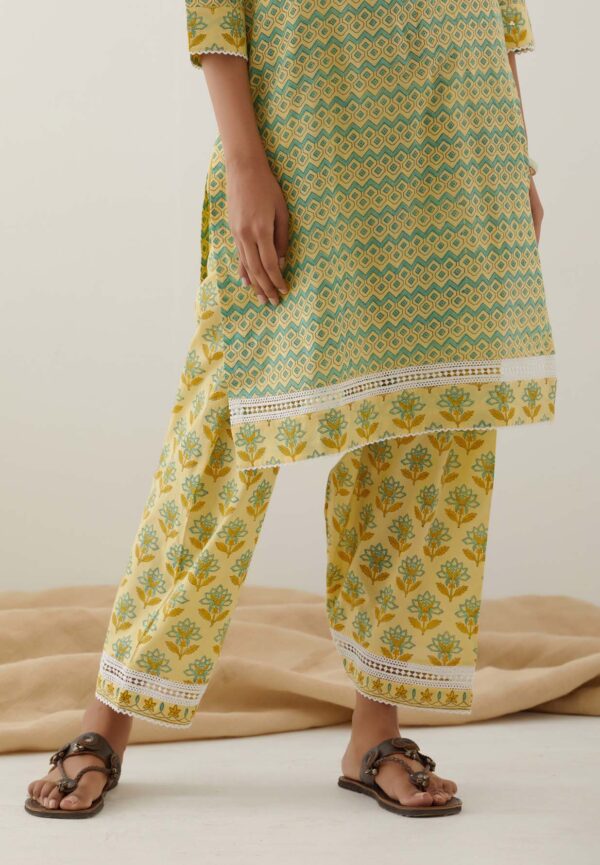 Gulal Light Yellow Handblock Printed Salwar Kurta with Lace Finish