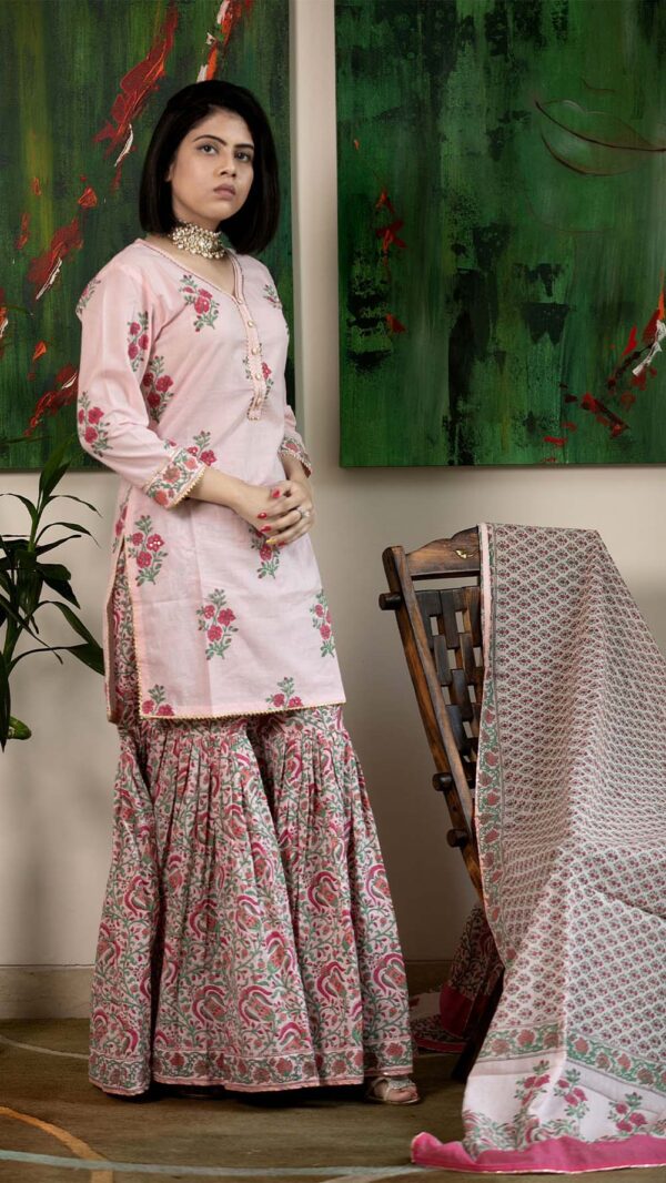 Masakali Pink Hand Block Printed Garara with Gotta Lace Work