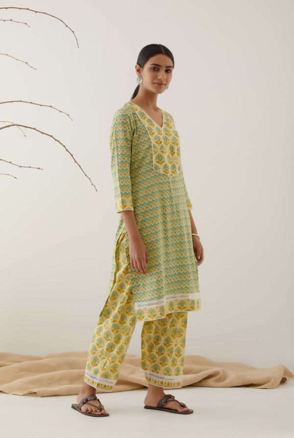 Gulal Light Yellow Handblock Printed Salwar Kurta with Lace Finish