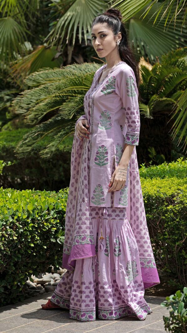 Bahar Lilac Hand Block Printed Short Kurta Garara with Gotta Lace Work