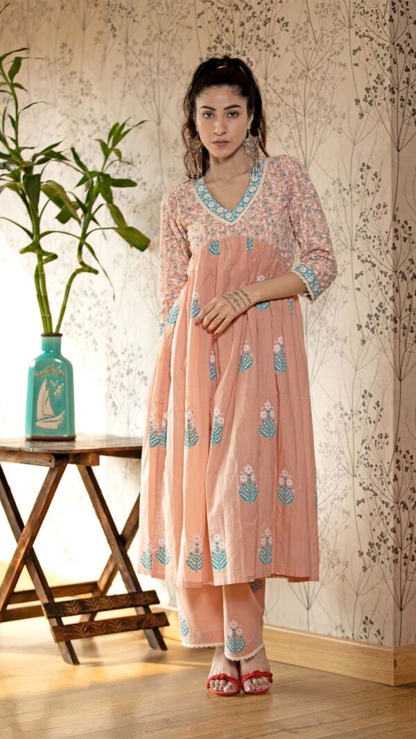 Ruh Old Rose Pink Hand Block Printed Gathered Kurta with Lace Finish