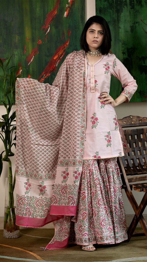 Masakali Pink Hand Block Printed Garara with Gotta Lace Work