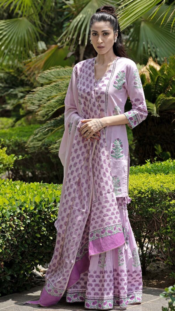 Bahar Lilac Hand Block Printed Short Kurta Garara with Gotta Lace Work