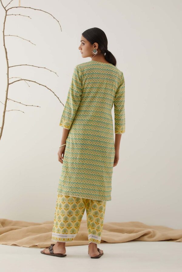 Gulal Light Yellow Handblock Printed Salwar Kurta with Lace Finish