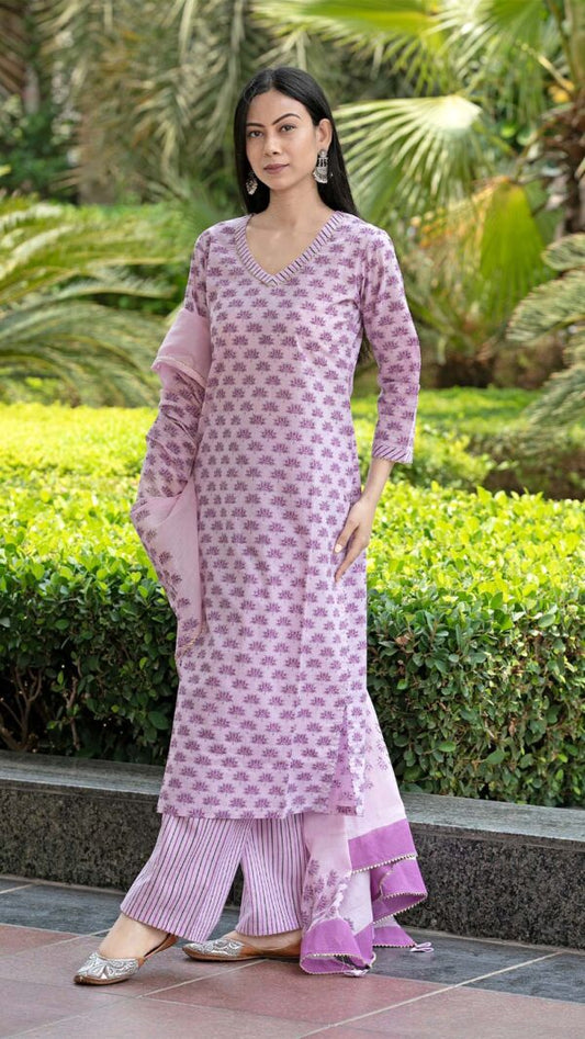 Bahar Lilac Hand Block Printed Straight Kurta with Gotta Lace Work and Strip Plazzo