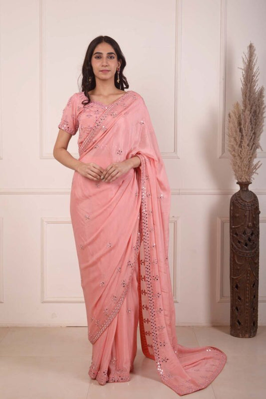 RIMJHIM PEACH MIRROR EMBROIDERY BLOUSE AND READY TO WEARE SAREE SET OF 2