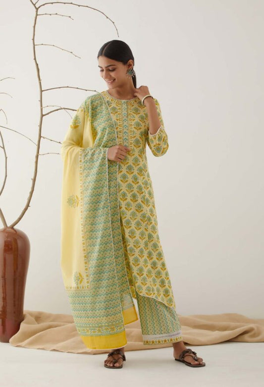 Gulal Light Yellow Handblock Printed Salwar Kurta with Lace Finish