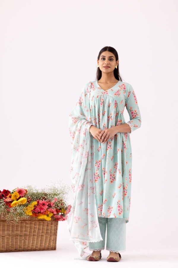 GULMEHER AQUA DIGITAL PRINT COTTON STRAIGHT KURTA WITH PLAZZO SET OF 3