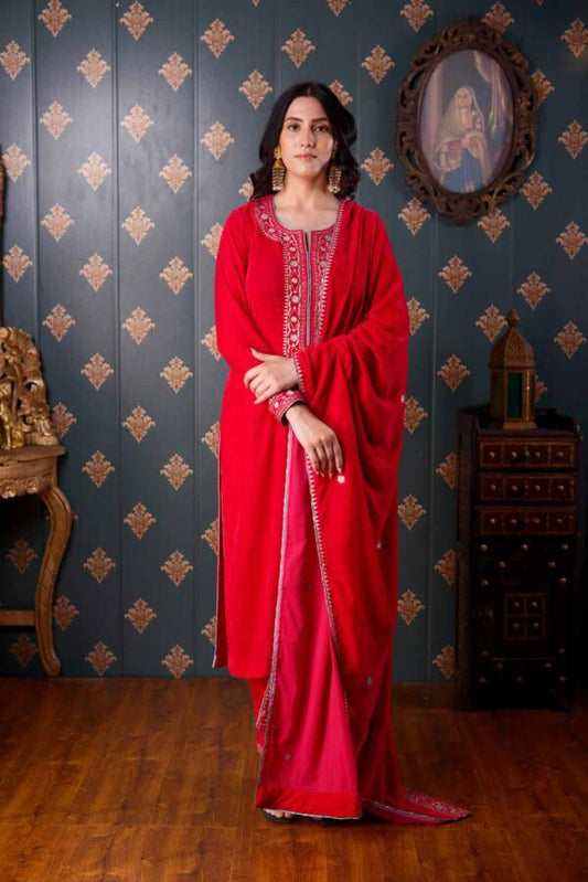 Jashan Ari Embroidery Rani Velvet Kurta Set