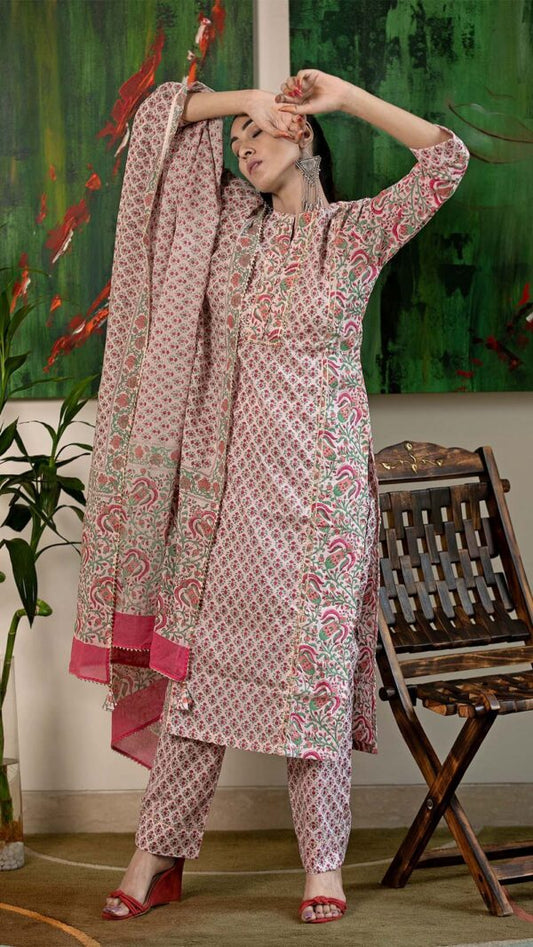 Masakali Pink Hand Block Printed Straight Kurta with Gotta Lace Work