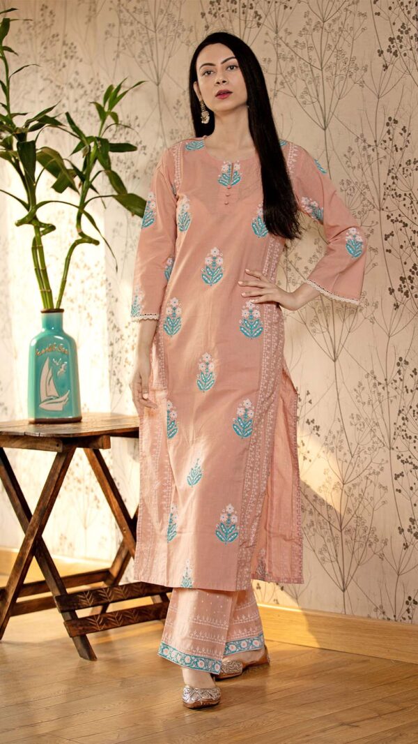 Ruh Old Rose Pink Hand Block Printed Straight Kurta Pottli Neck with Lace Finish