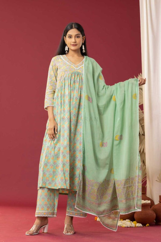 PHAGUN MINT GREEN BLOCK PRINTED COTTON CAMBRIC GATHER ANARKALI WITH PLAZZO SET OF 3