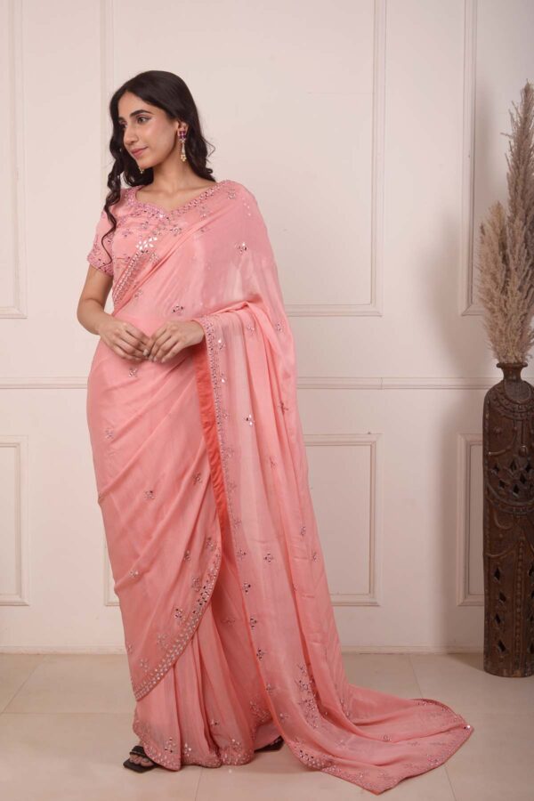 RIMJHIM PEACH MIRROR EMBROIDERY BLOUSE AND READY TO WEARE SAREE SET OF 2