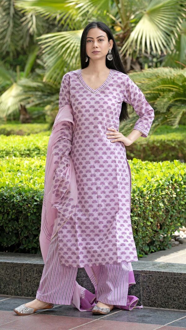 Bahar Lilac Hand Block Printed Straight Kurta with Gotta Lace Work and Strip Plazzo