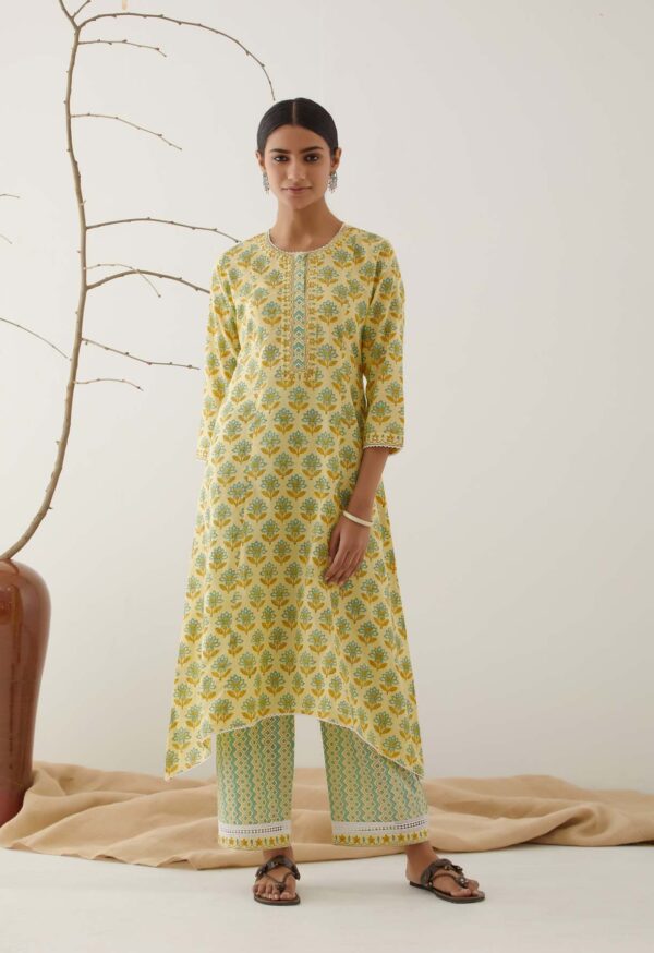 Gulal Light Yellow Handblock Printed Salwar Kurta with Lace Finish