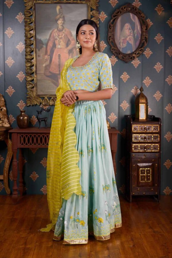 Jashan Foil Printed See Green Cotton Silk Lehenga Set