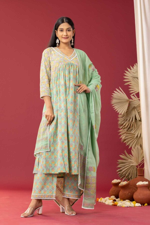 PHAGUN MINT GREEN BLOCK PRINTED COTTON CAMBRIC GATHER ANARKALI WITH PLAZZO SET OF 3