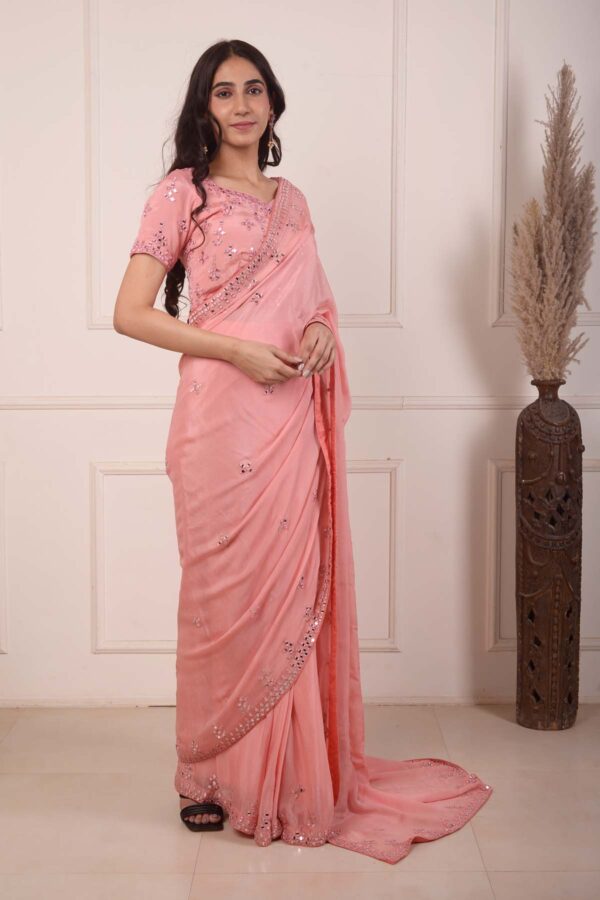 RIMJHIM PEACH MIRROR EMBROIDERY BLOUSE AND READY TO WEARE SAREE SET OF 2