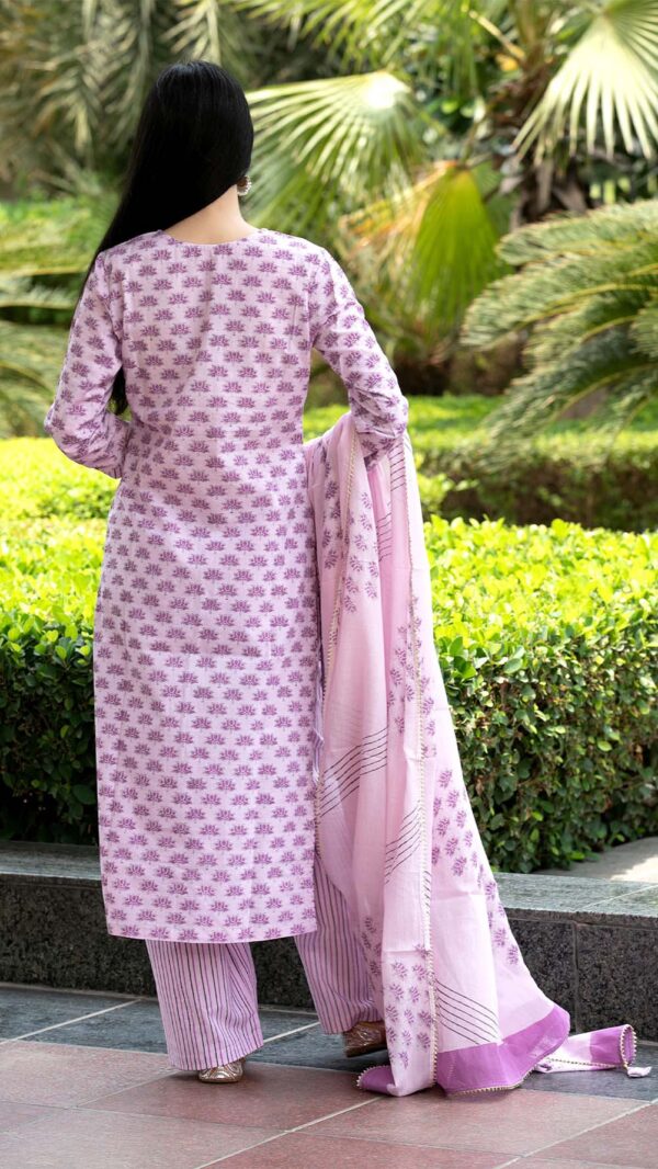 Bahar Lilac Hand Block Printed Straight Kurta with Gotta Lace Work and Strip Plazzo