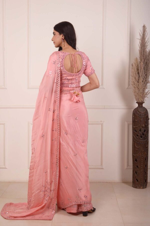 RIMJHIM PEACH MIRROR EMBROIDERY BLOUSE AND READY TO WEARE SAREE SET OF 2