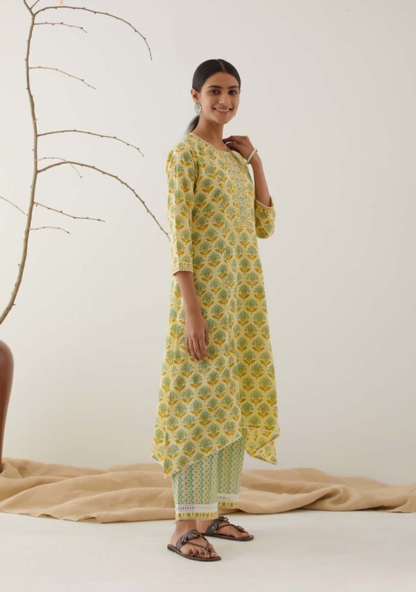 Gulal Light Yellow Handblock Printed Salwar Kurta with Lace Finish