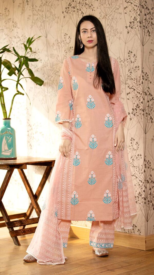 Ruh Old Rose Pink Hand Block Printed Straight Kurta Pottli Neck with Lace Finish