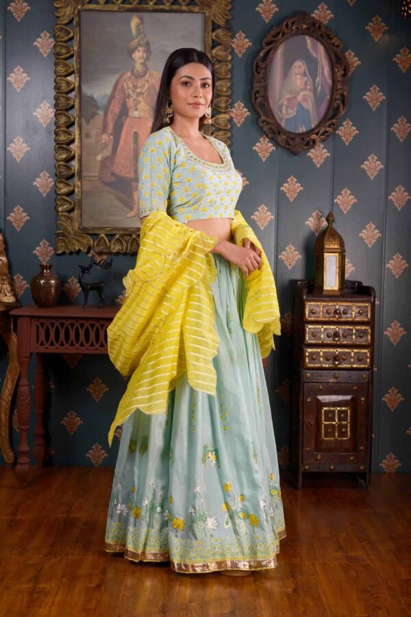 Jashan Foil Printed See Green Cotton Silk Lehenga Set