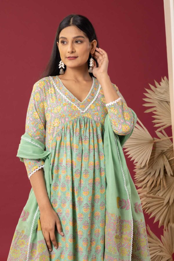 PHAGUN MINT GREEN BLOCK PRINTED COTTON CAMBRIC GATHER ANARKALI WITH PLAZZO SET OF 3