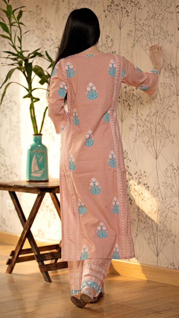 Ruh Old Rose Pink Hand Block Printed Straight Kurta Pottli Neck with Lace Finish