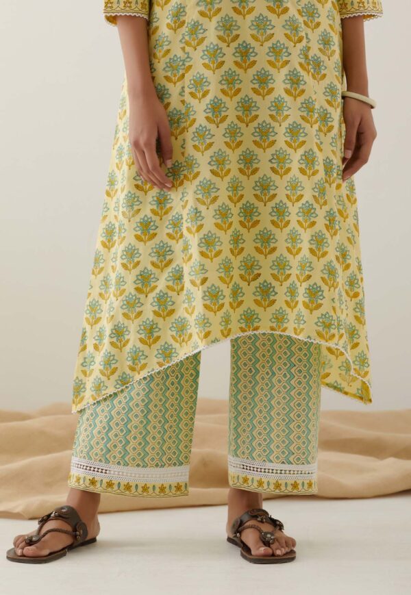 Gulal Light Yellow Handblock Printed Salwar Kurta with Lace Finish