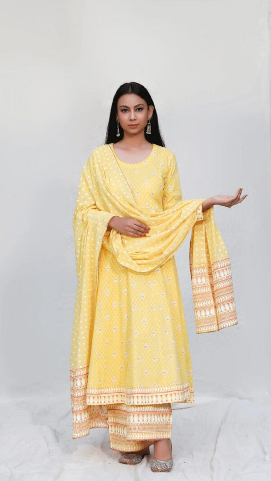 MAKHMAL YELLOW ANARKALI SET